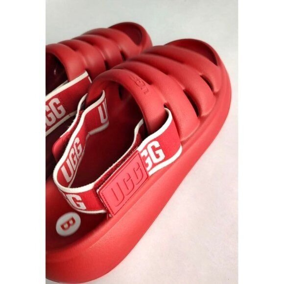 UGG Sport Yeah Sandals 9 Samba Red Slides logo Print Backstrap Resort Beach - Picture 6 of 10